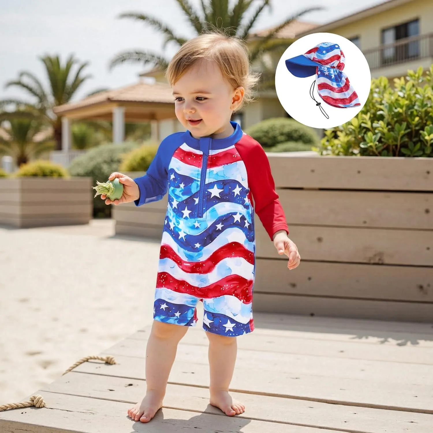 Toddler Infant Baby Boy 4th of July Swimsuit Newborn Rash Guard Boys Girls One Piece Zipper Bathing Suit Swimwear with Hat