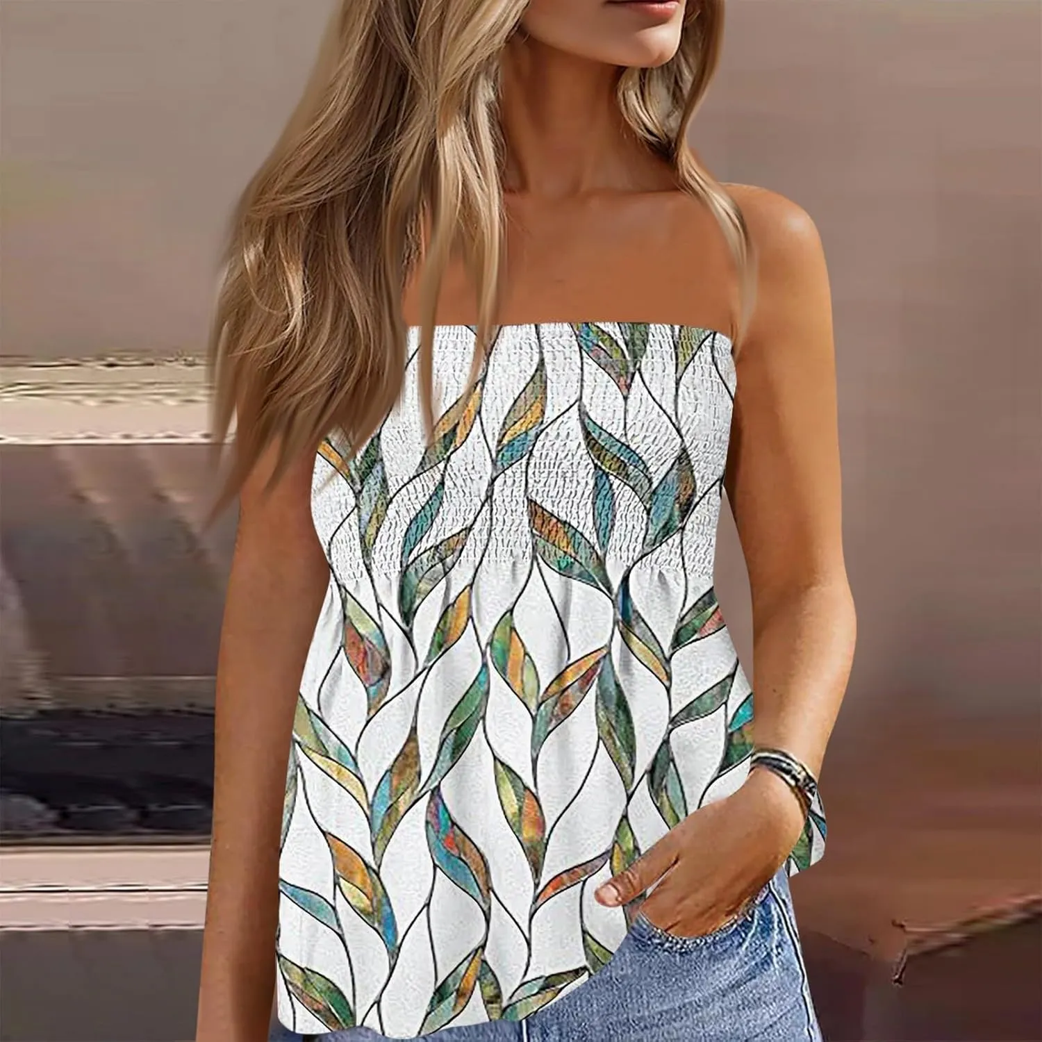 Tube Tops for Women Beach Off Shoulder Shirts Sleeveless Sexy Tops Strapless Bandeau Print Smocked Ruffled T-Shirt