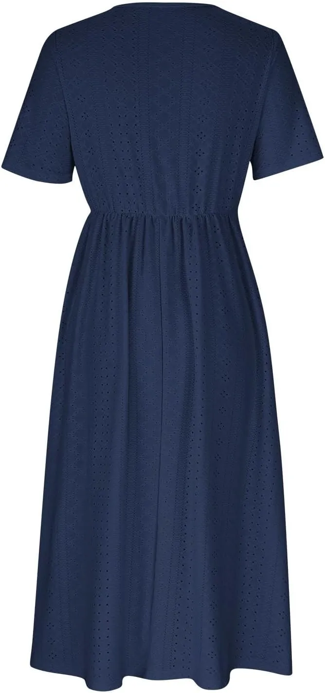 V Neck Midi Dress for Women Summer Long Dresses with Pockets T Shirt Loose Casual Dress Everyday Trendy Dresses