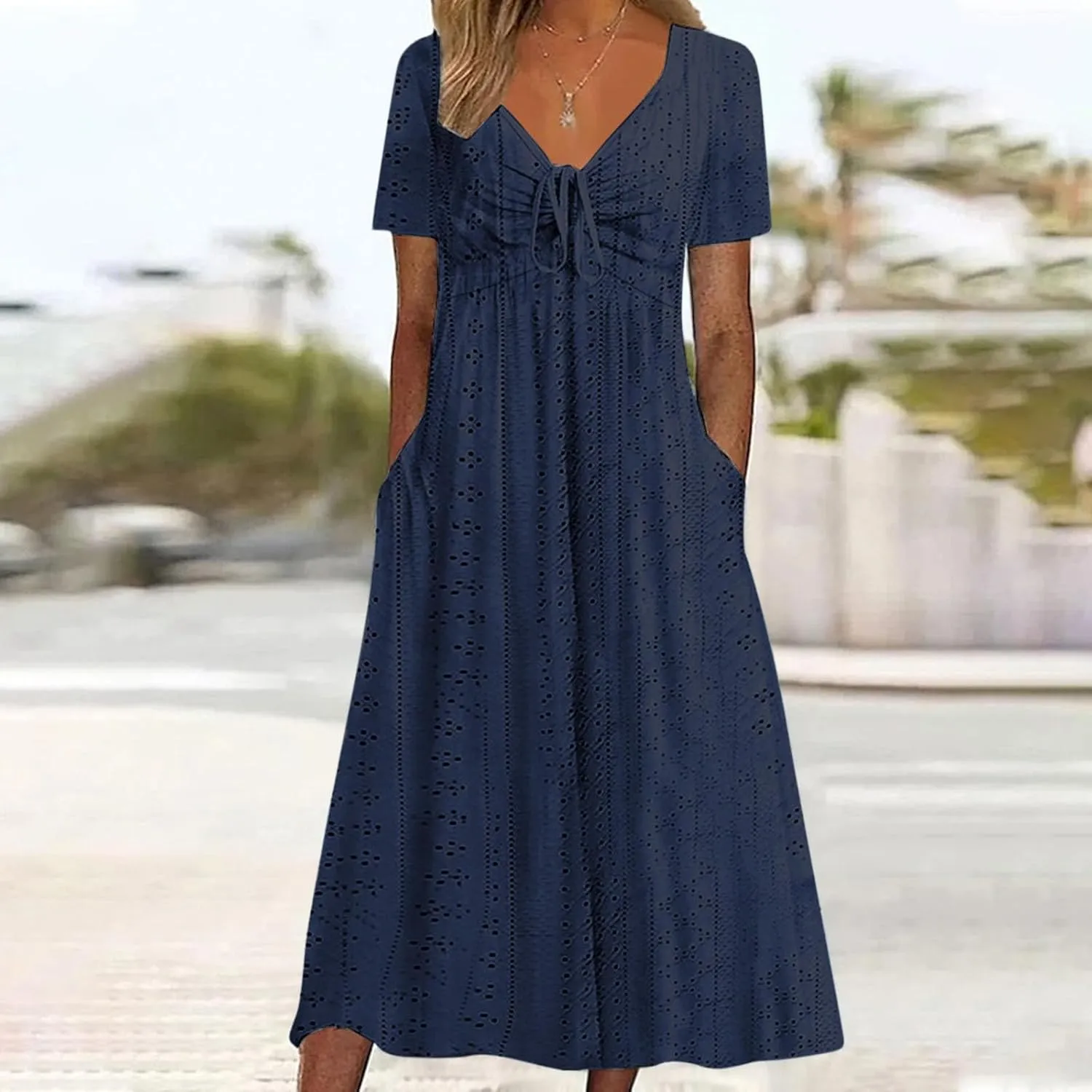 V Neck Midi Dress for Women Summer Long Dresses with Pockets T Shirt Loose Casual Dress Everyday Trendy Dresses
