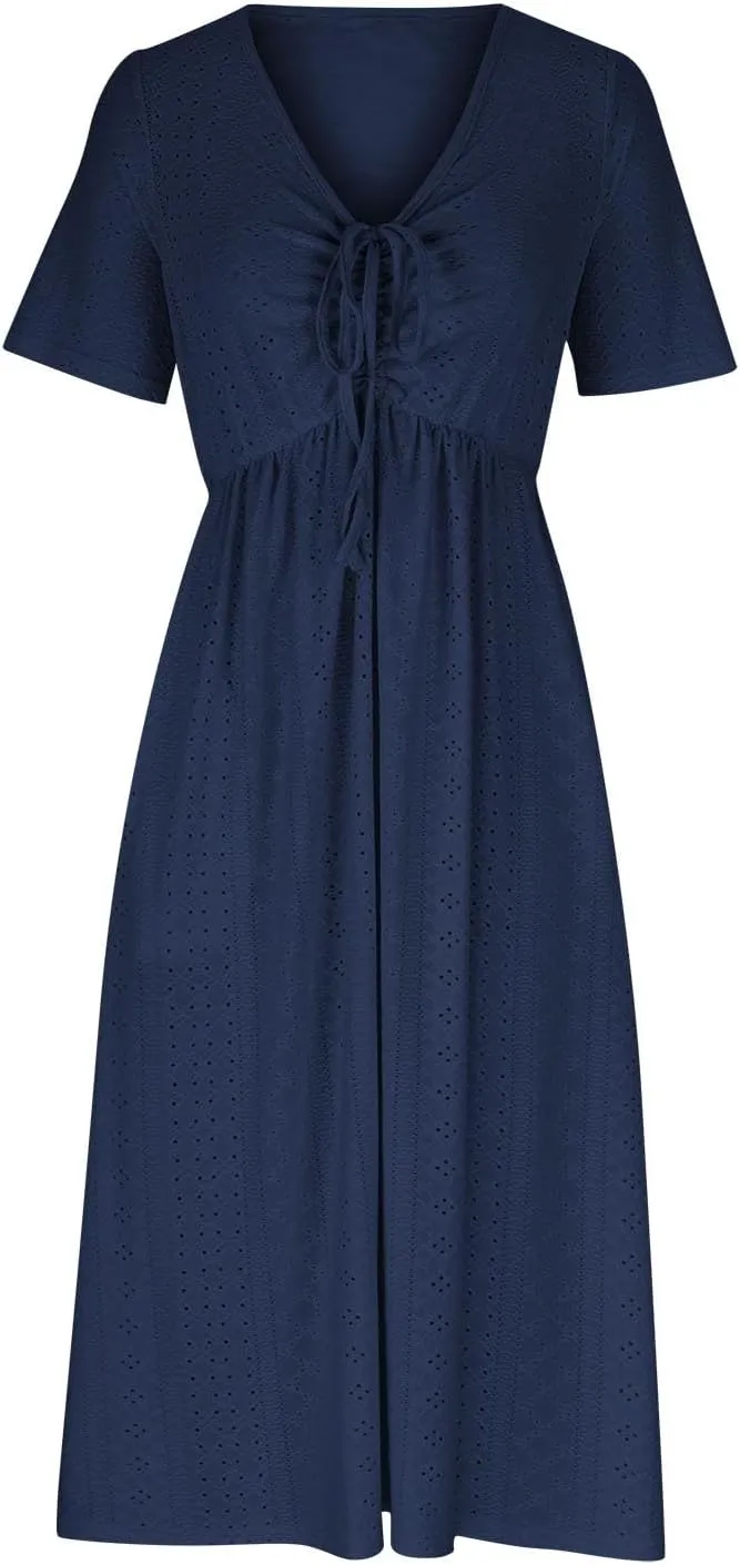 V Neck Midi Dress for Women Summer Long Dresses with Pockets T Shirt Loose Casual Dress Everyday Trendy Dresses