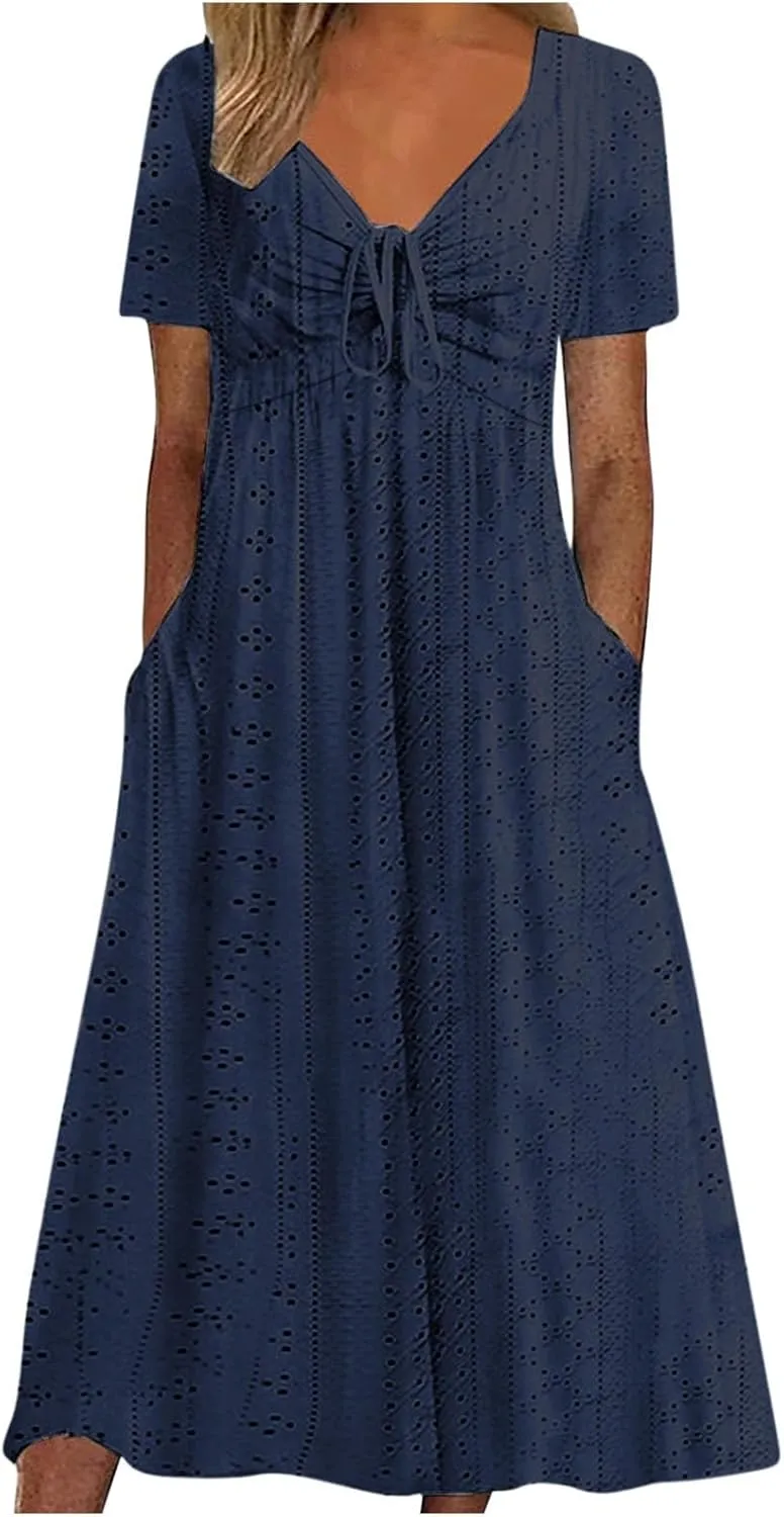 V Neck Midi Dress for Women Summer Long Dresses with Pockets T Shirt Loose Casual Dress Everyday Trendy Dresses