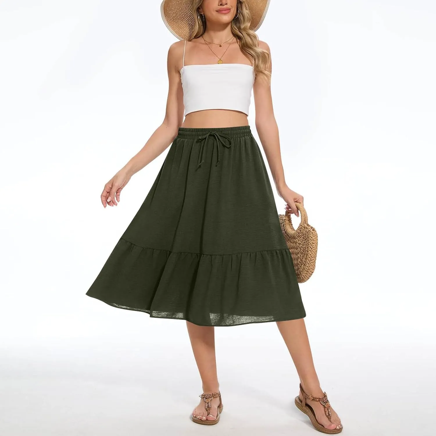 Women Beach Skirts with Pockets Elastic Waist Bohemian Midi Skirt Mid-Calf Length Ruffle Half Dress 2025 New