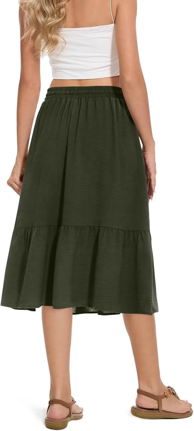 Women Beach Skirts with Pockets Elastic Waist Bohemian Midi Skirt Mid-Calf Length Ruffle Half Dress 2025 New