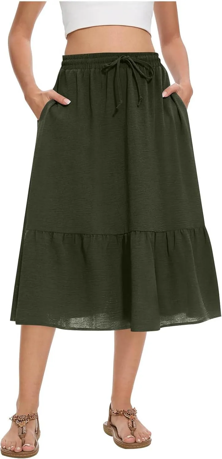 Women Beach Skirts with Pockets Elastic Waist Bohemian Midi Skirt Mid-Calf Length Ruffle Half Dress 2025 New