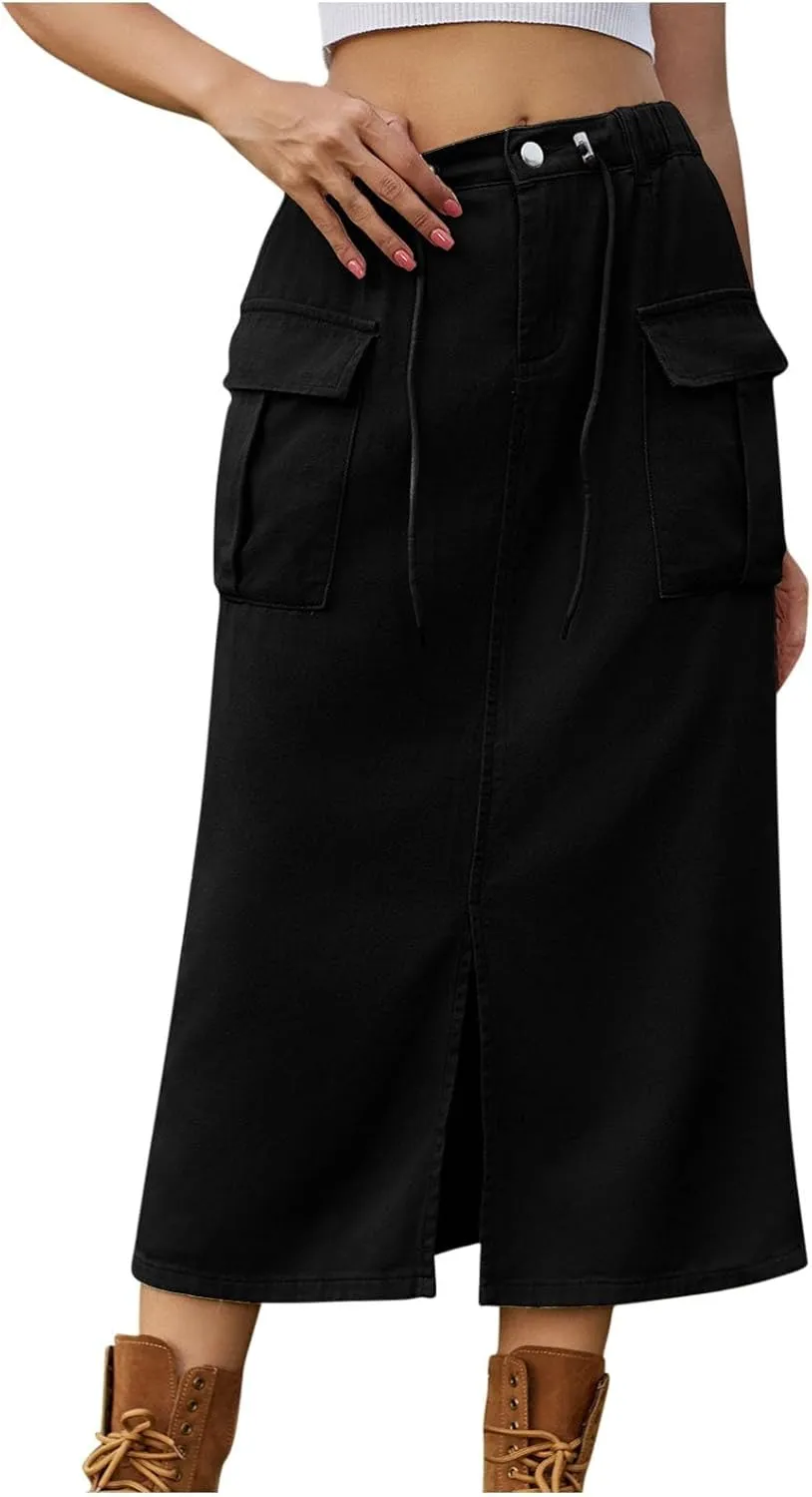 Women Cargo Skirt with Pockets Denim Skirt Elastic High Waist Loose Fit Skirt Summer Front Split Skirt Casual Skirt