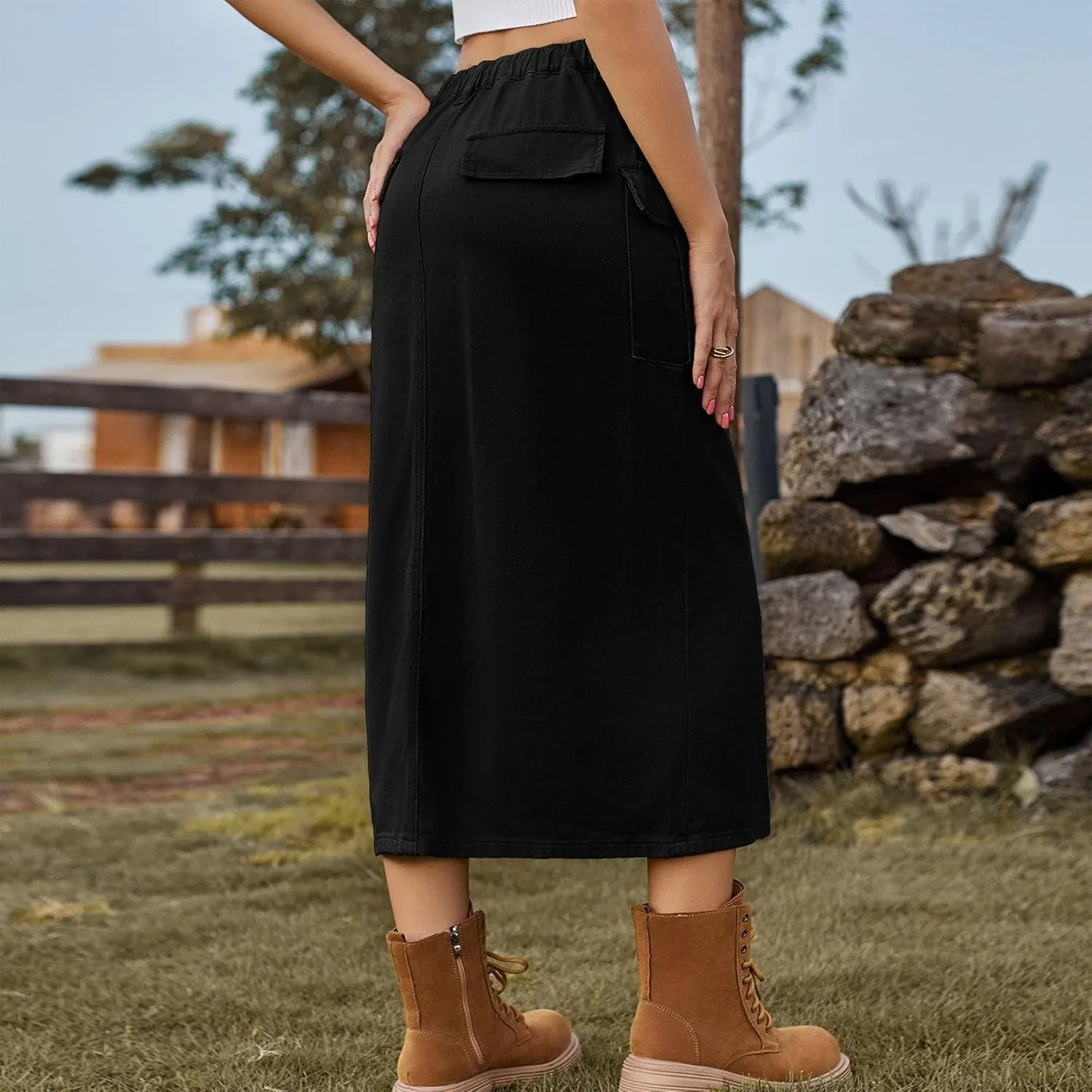 Women Cargo Skirt with Pockets Denim Skirt Elastic High Waist Loose Fit Skirt Summer Front Split Skirt Casual Skirt
