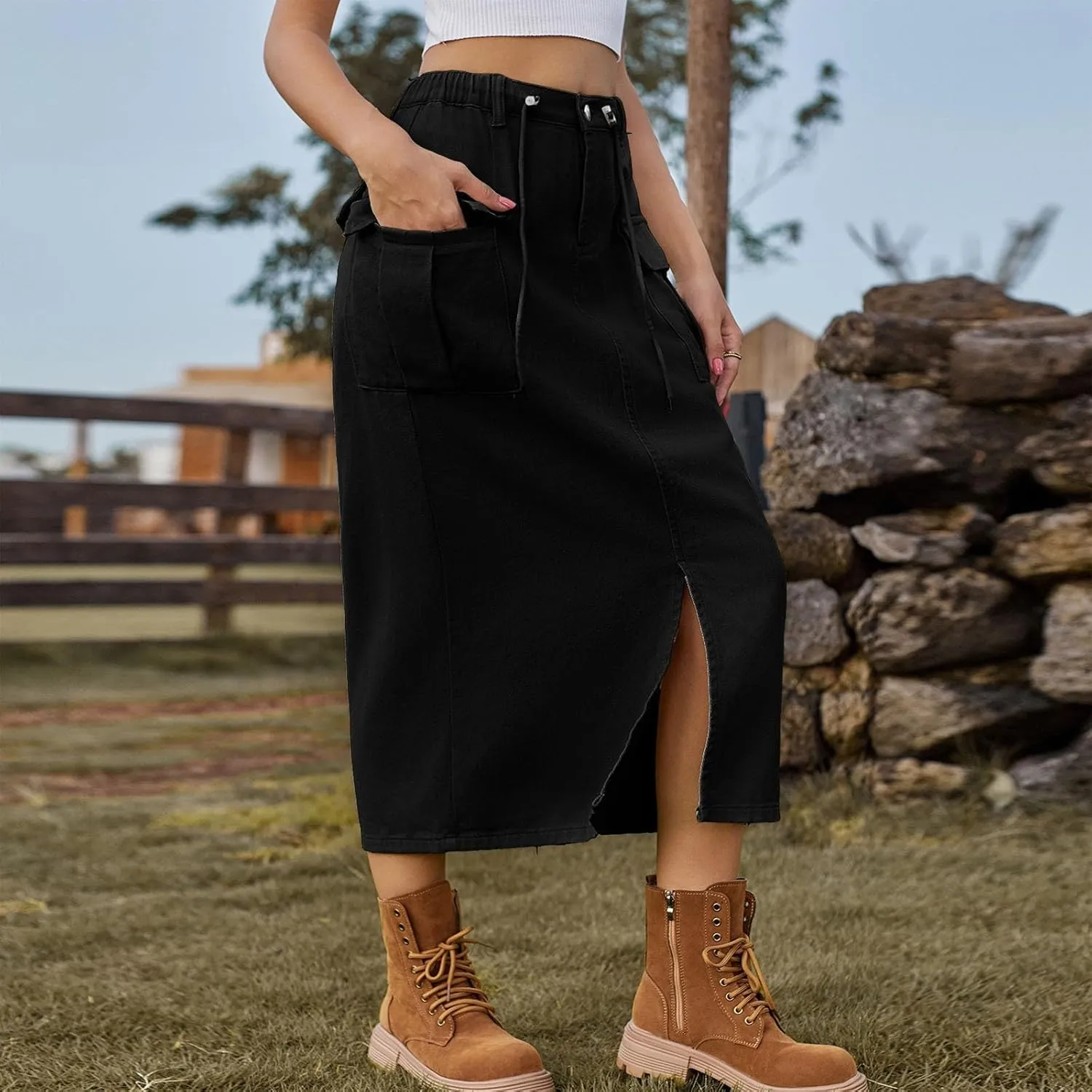 Women Cargo Skirt with Pockets Denim Skirt Elastic High Waist Loose Fit Skirt Summer Front Split Skirt Casual Skirt