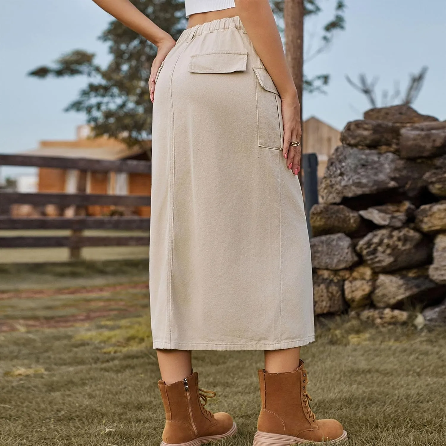 Women Cargo Skirt with Pockets Denim Skirt Elastic High Waist Loose Fit Skirt Summer Front Split Skirt Casual Skirt