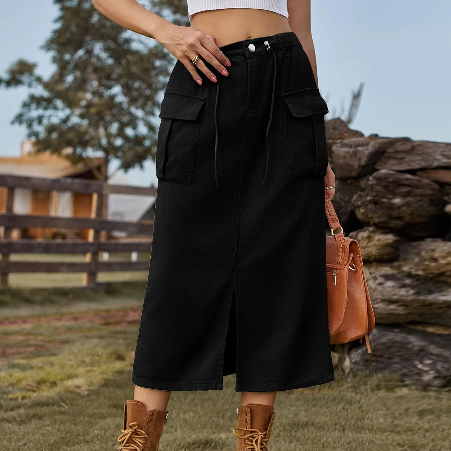 Women Cargo Skirt with Pockets Denim Skirt Elastic High Waist Loose Fit Skirt Summer Front Split Skirt Casual Skirt