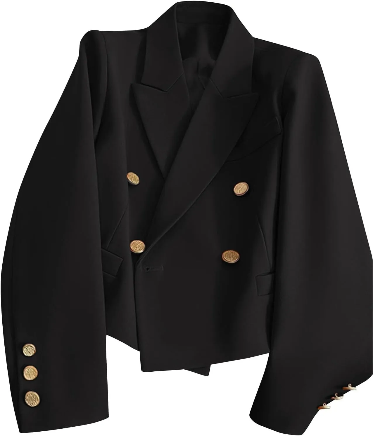 Women Double Breasted Cropped Blazer with Lined Business Work Lapel Open Front Long Sleeve Suit Jackets with Pockets