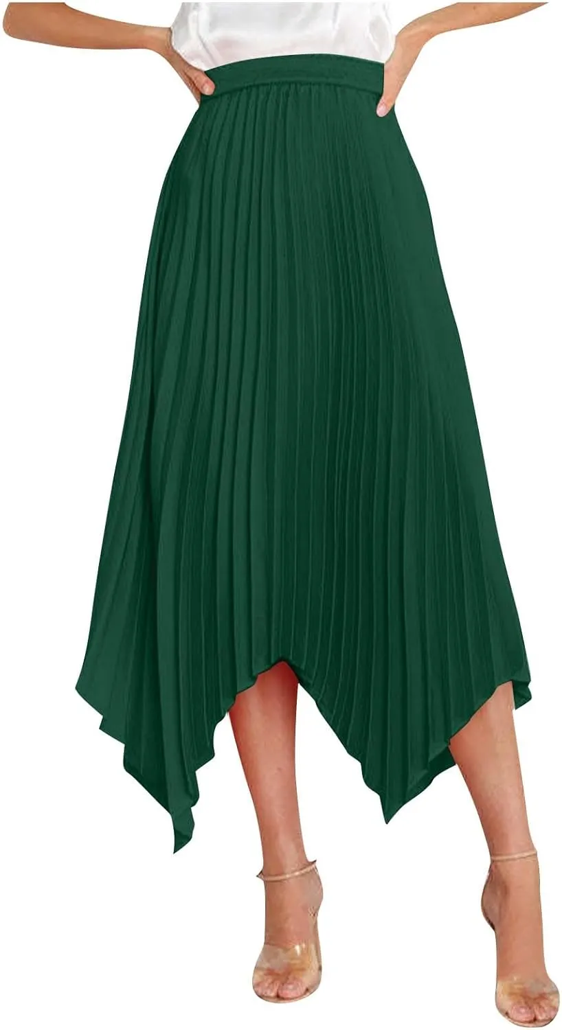 Women Dressy Pleated Skirts Irregular Hem High Waist Midi Skirt Solid Elegant Business Casual Half Dress 2025 New