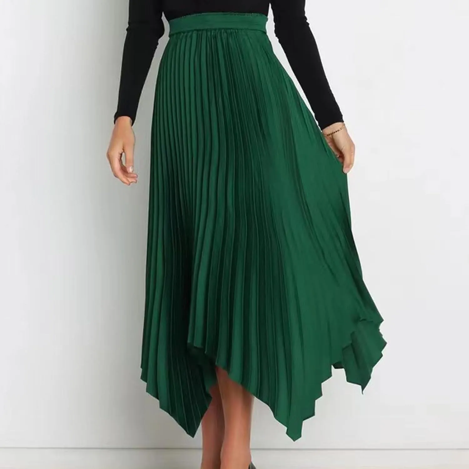Women Dressy Pleated Skirts Irregular Hem High Waist Midi Skirt Solid Elegant Business Casual Half Dress 2025 New