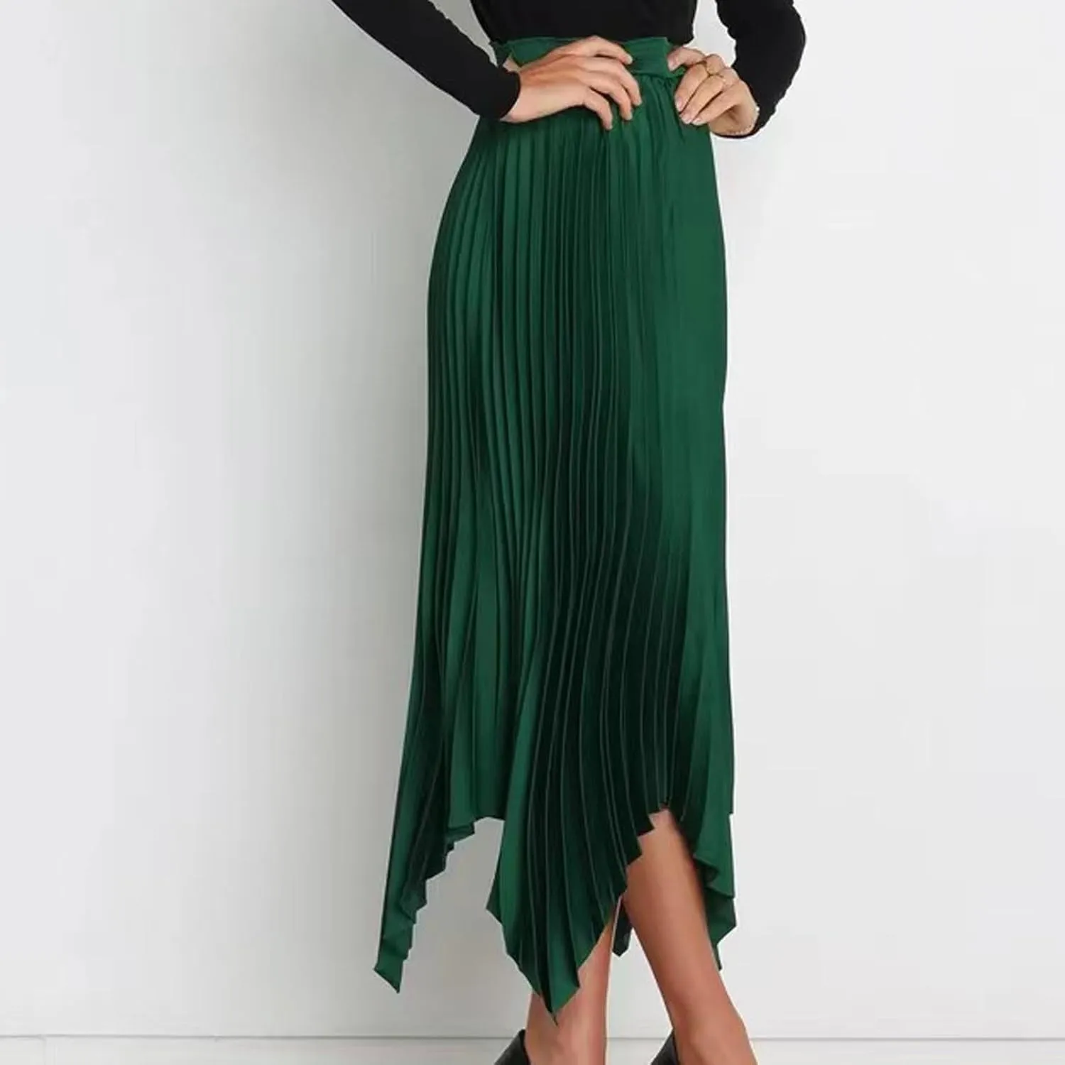 Women Dressy Pleated Skirts Irregular Hem High Waist Midi Skirt Solid Elegant Business Casual Half Dress 2025 New