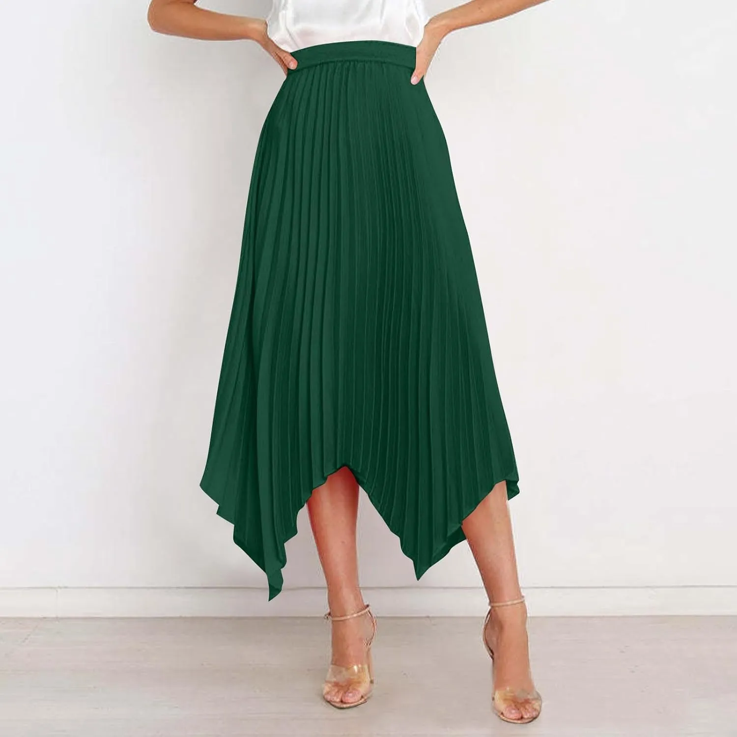 Women Dressy Pleated Skirts Irregular Hem High Waist Midi Skirt Solid Elegant Business Casual Half Dress 2025 New