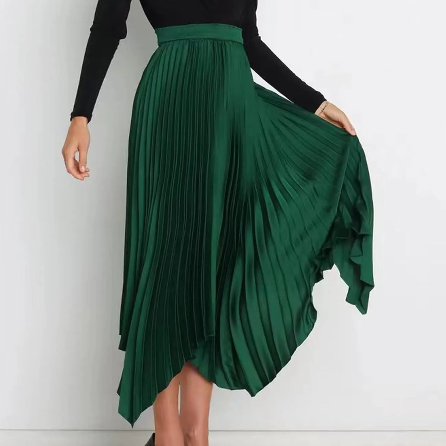 Women Dressy Pleated Skirts Irregular Hem High Waist Midi Skirt Solid Elegant Business Casual Half Dress 2025 New