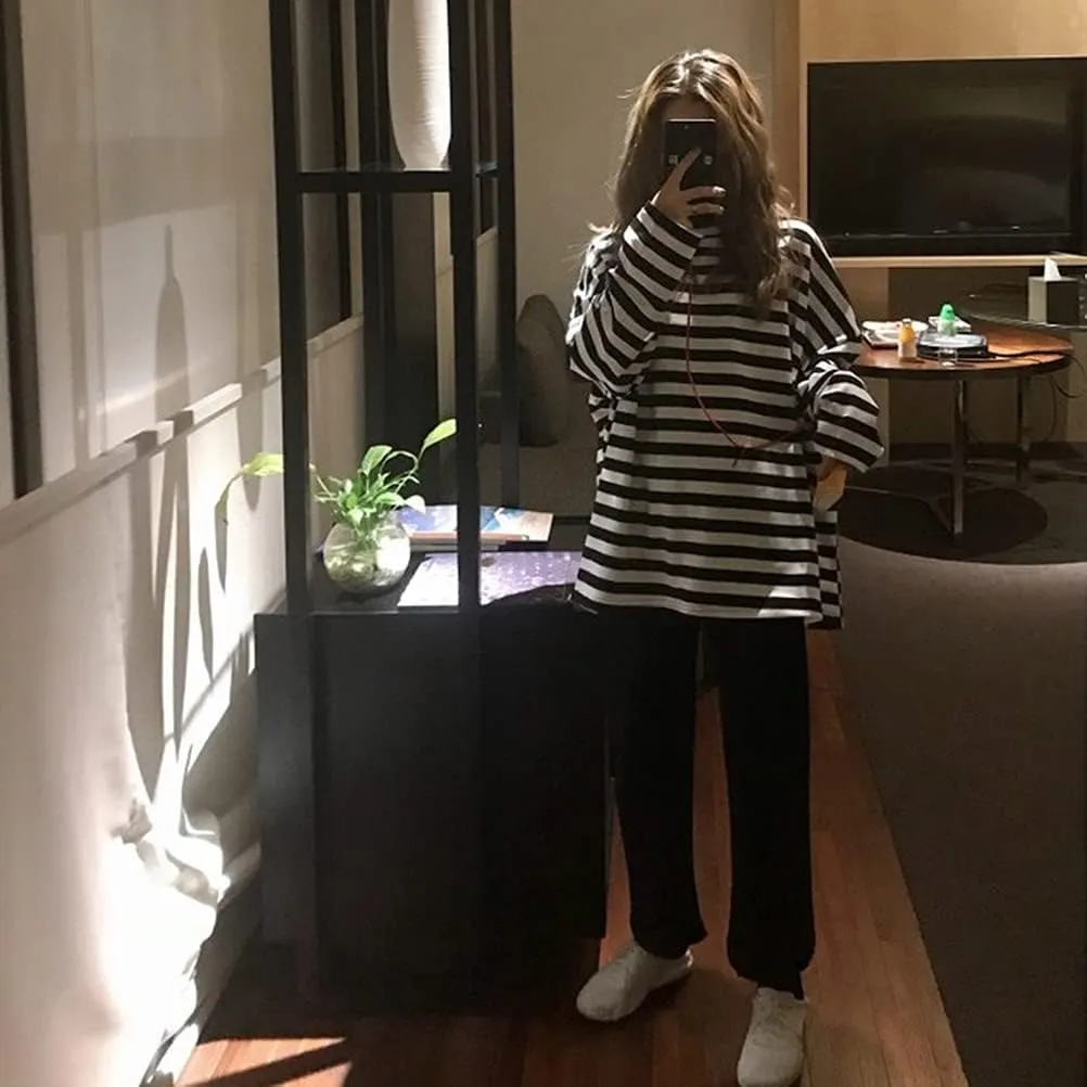 Women Harajuku Oversized Stripe Casual Long Sleeves Crewneck T-Shirt Tee Tops