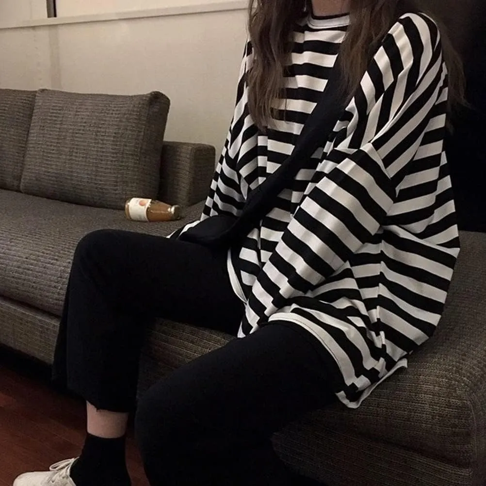 Women Harajuku Oversized Stripe Casual Long Sleeves Crewneck T-Shirt Tee Tops