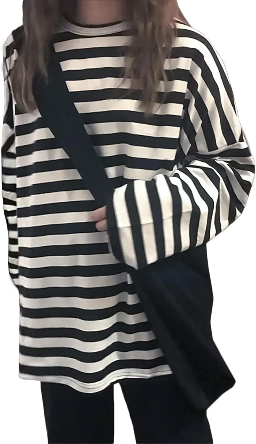 Women Harajuku Oversized Stripe Casual Long Sleeves Crewneck T-Shirt Tee Tops