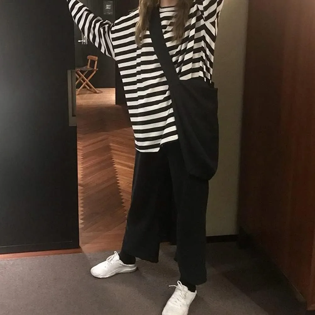 Women Harajuku Oversized Stripe Casual Long Sleeves Crewneck T-Shirt Tee Tops