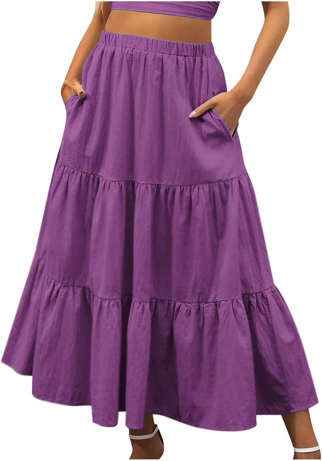 Women Maxi Boho Skirts Summer Trendy Beach Long Skirt Tiered Flowy Ruffle Skirts Casual Vacation Skirt with Pocket