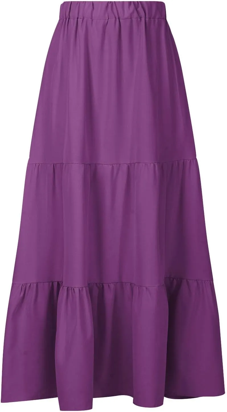 Women Maxi Boho Skirts Summer Trendy Beach Long Skirt Tiered Flowy Ruffle Skirts Casual Vacation Skirt with Pocket