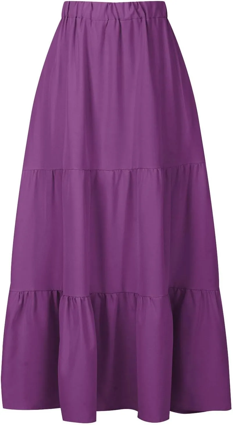 Women Maxi Boho Skirts Summer Trendy Beach Long Skirt Tiered Flowy Ruffle Skirts Casual Vacation Skirt with Pocket