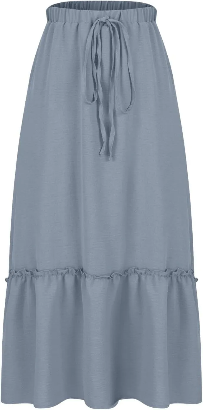 Women Ruched Ruffle Skirts Midi Length Summer Beach Half Dress Casual Vacation Skirt Trendy Cruise Clothes
