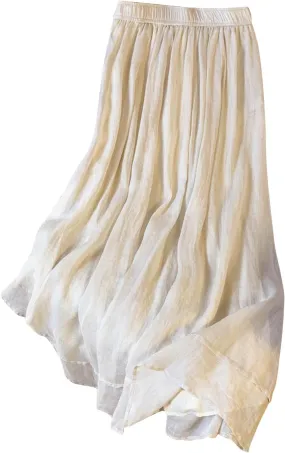 Women's Boho Cotton Linen Long Flowy Skirt High Waist A Line Double Layer Casual Elegant Flowy Swing Maxi Skirts