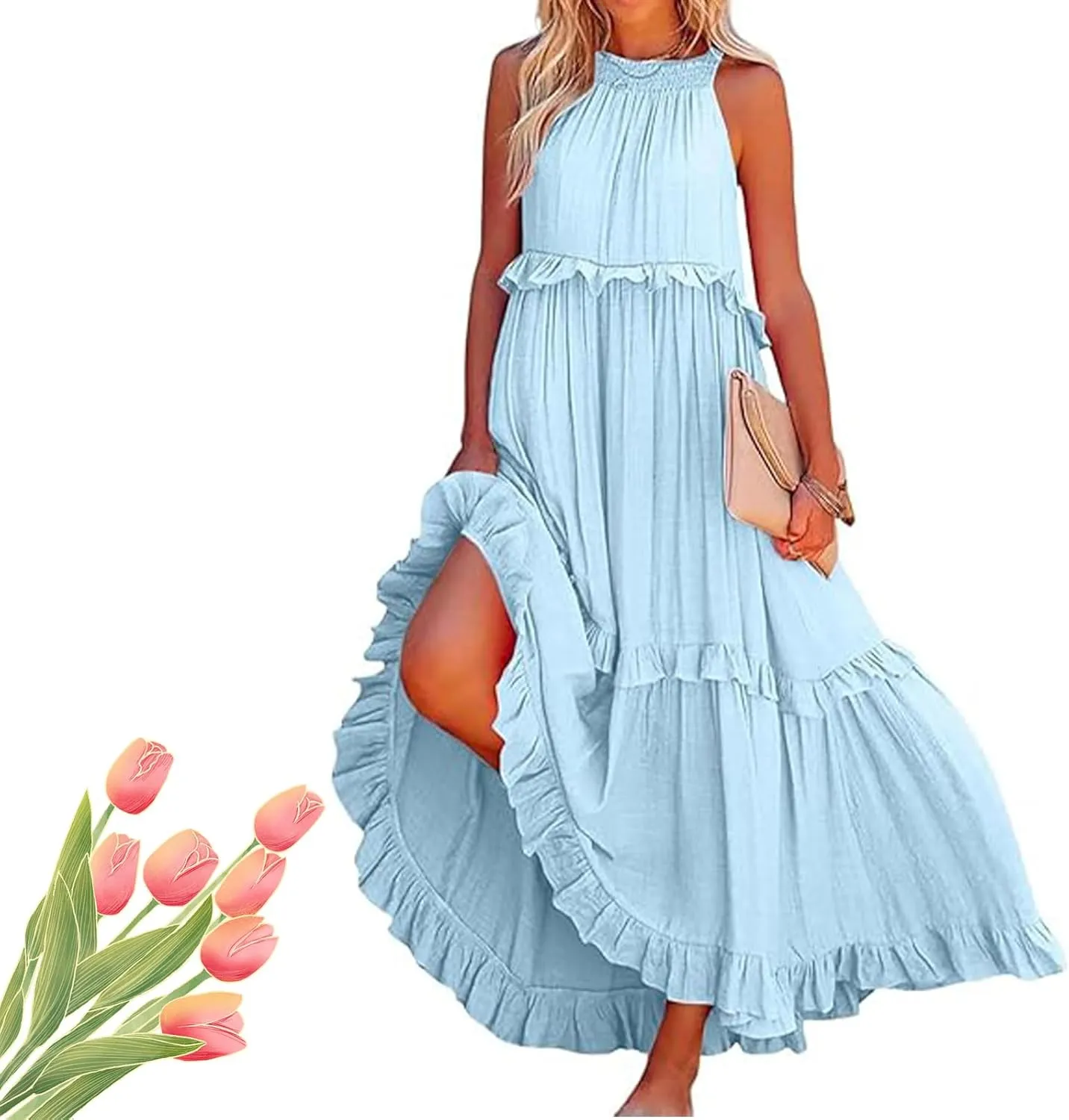 Women's Crew Halter Neck Tiered Pleated Flowy Ruffle Maxi Swing Smocked Sundress with Pockets, Loose Fit Boho Maxi Long Dress