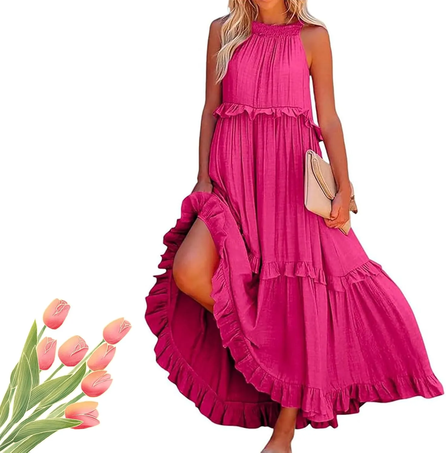 Women's Crew Halter Neck Tiered Pleated Flowy Ruffle Maxi Swing Smocked Sundress with Pockets, Loose Fit Boho Maxi Long Dress