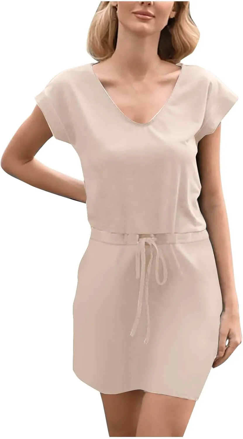 Womens Dresses 2025 Summer Elastic Waist Mini T Shirt Dress Short Sleeve Business Causal Mini Dress with Pockets