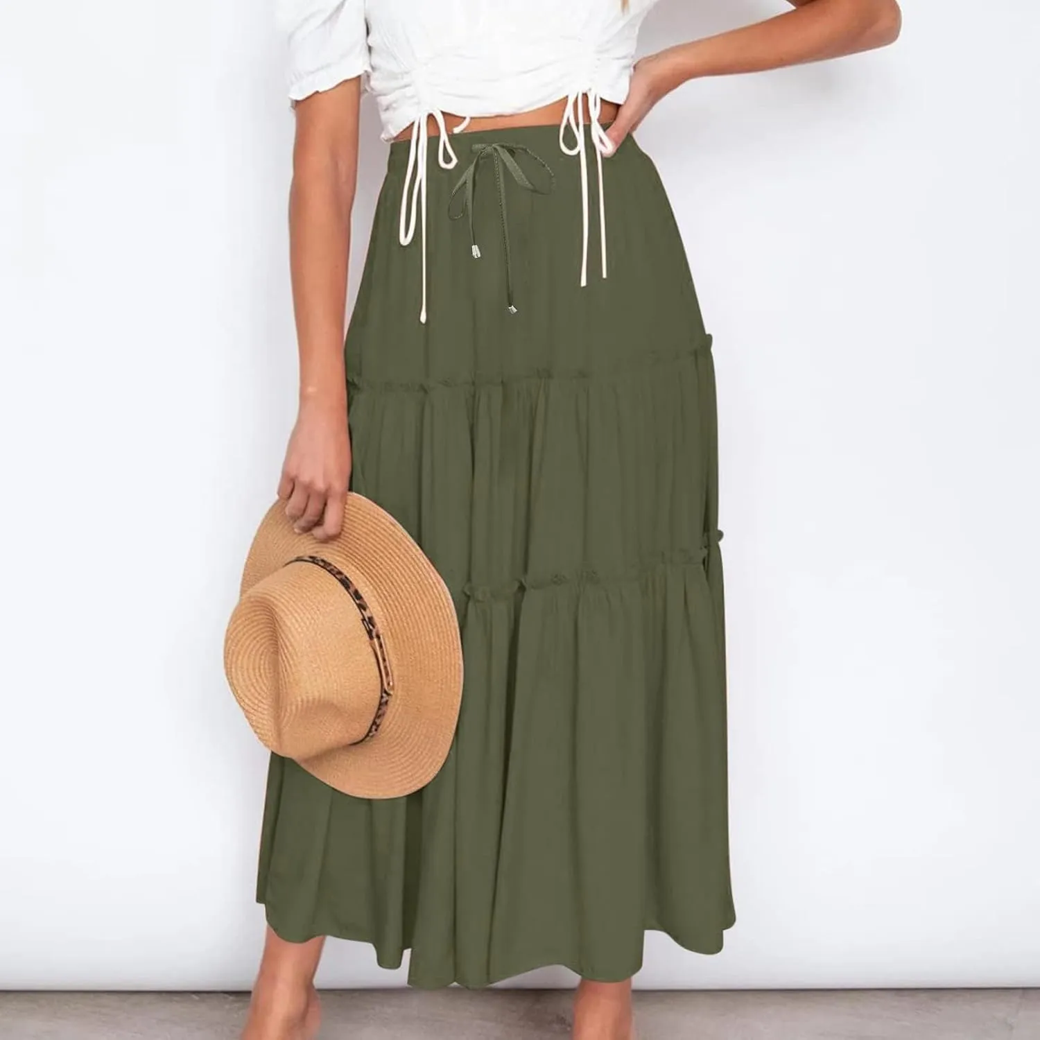 Women's Flowy Boho Maxi Skirt Summer Long Skirts Trendy High Waist Pleated Tiered A Line Beach Mid Calf Skirt