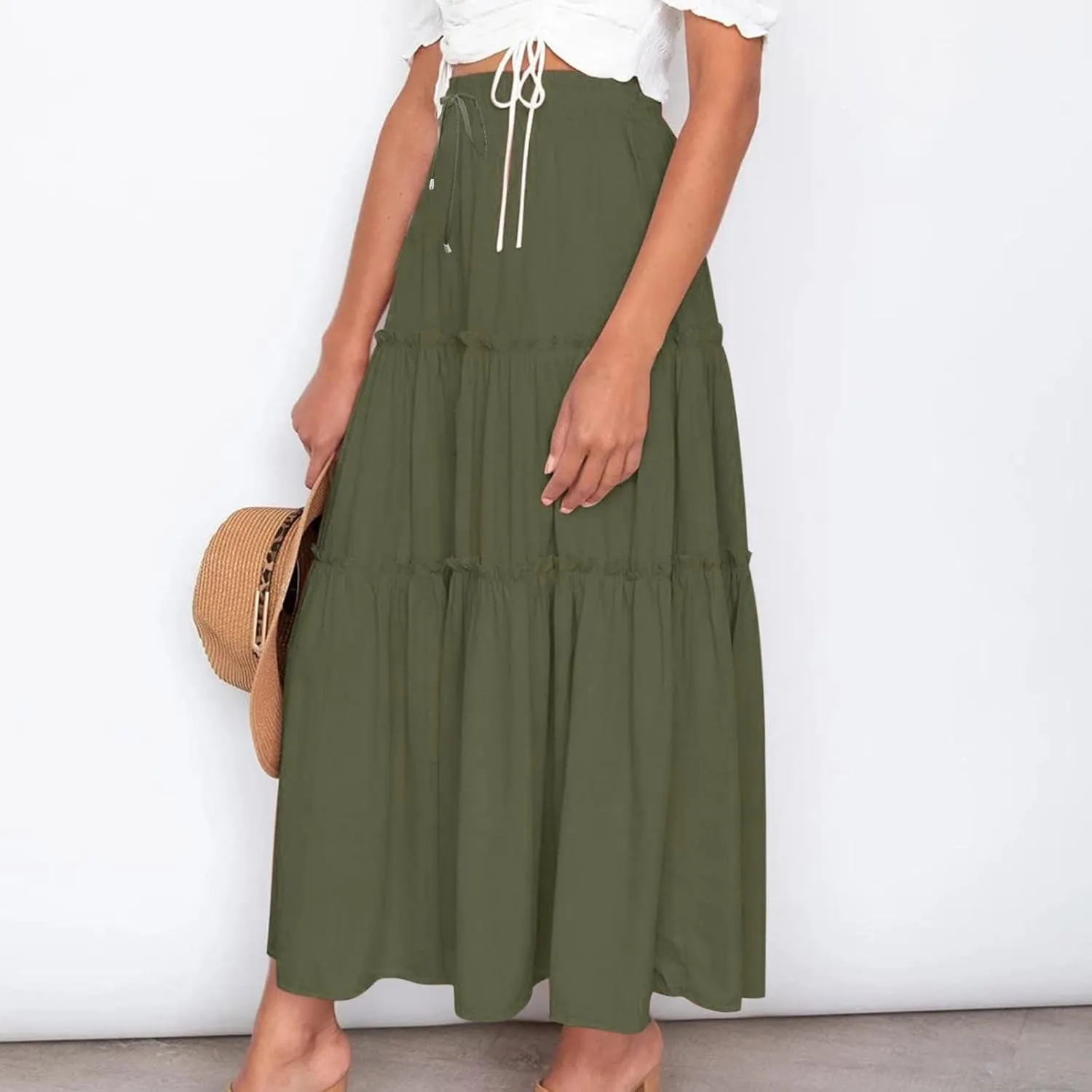 Women's Flowy Boho Maxi Skirt Summer Long Skirts Trendy High Waist Pleated Tiered A Line Beach Mid Calf Skirt