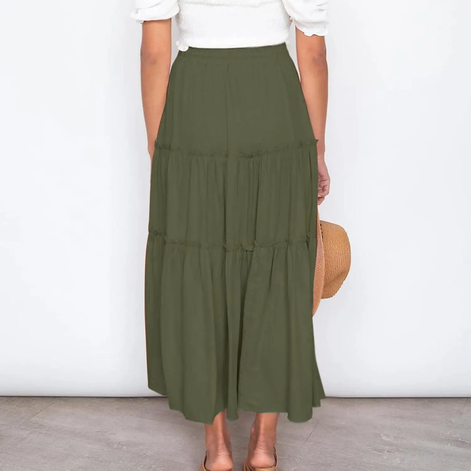 Women's Flowy Boho Maxi Skirt Summer Long Skirts Trendy High Waist Pleated Tiered A Line Beach Mid Calf Skirt