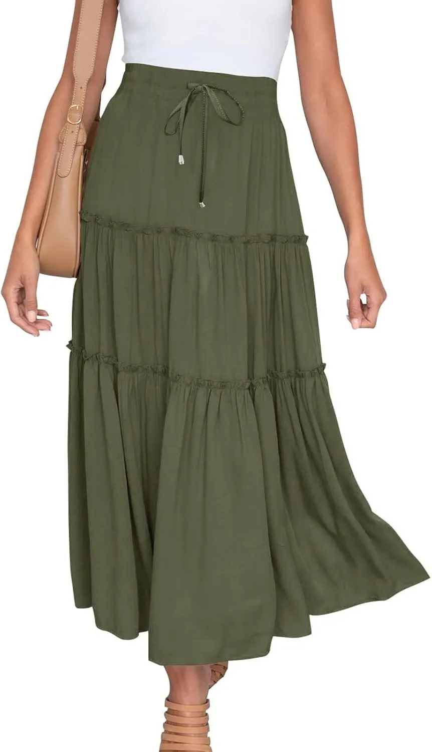 Women's Flowy Boho Maxi Skirt Summer Long Skirts Trendy High Waist Pleated Tiered A Line Beach Mid Calf Skirt