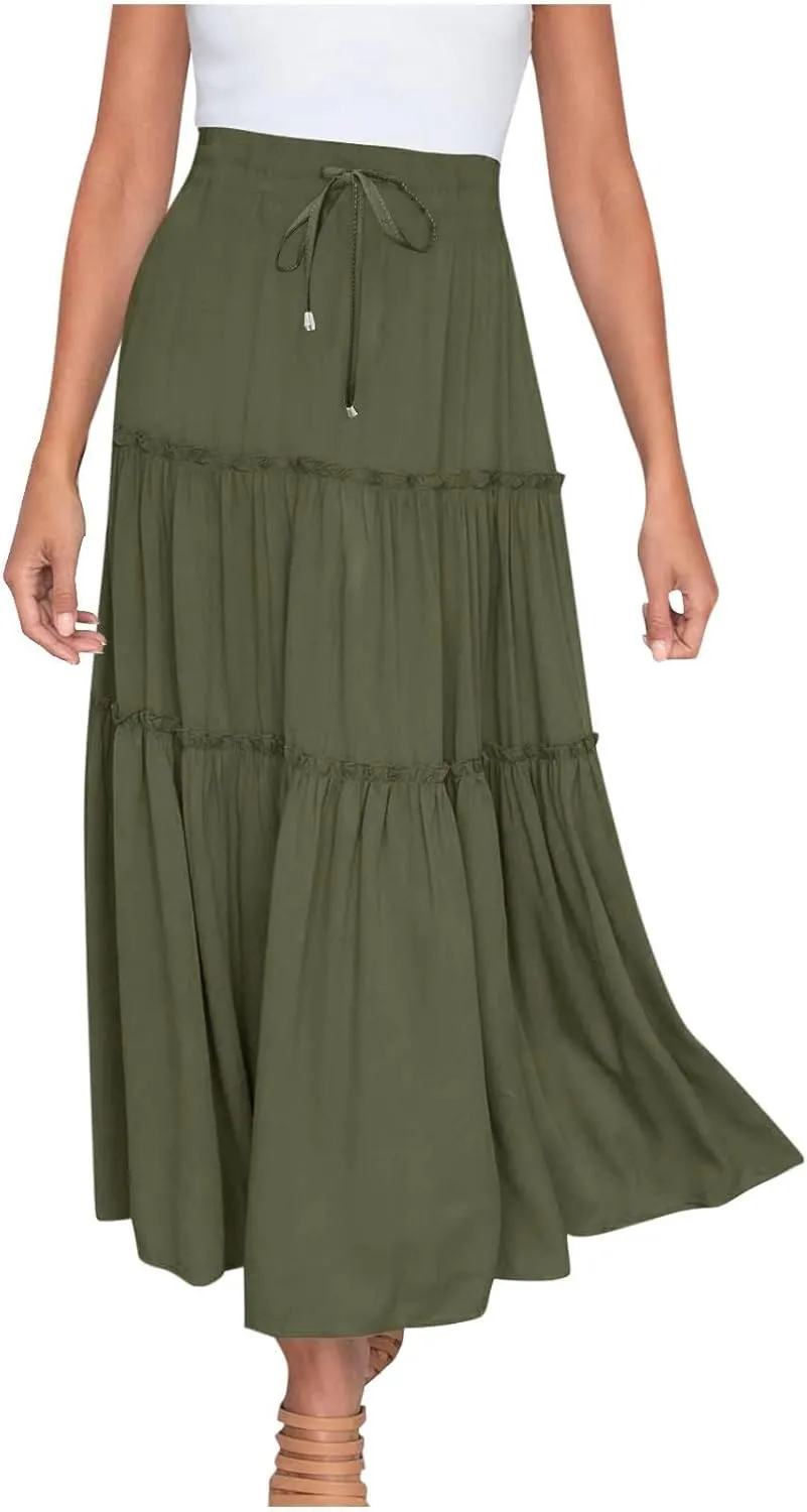 Women's Flowy Boho Maxi Skirt Summer Long Skirts Trendy High Waist Pleated Tiered A Line Beach Mid Calf Skirt