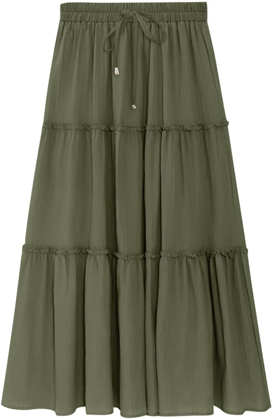 Women's Flowy Boho Maxi Skirt Summer Long Skirts Trendy High Waist Pleated Tiered A Line Beach Mid Calf Skirt