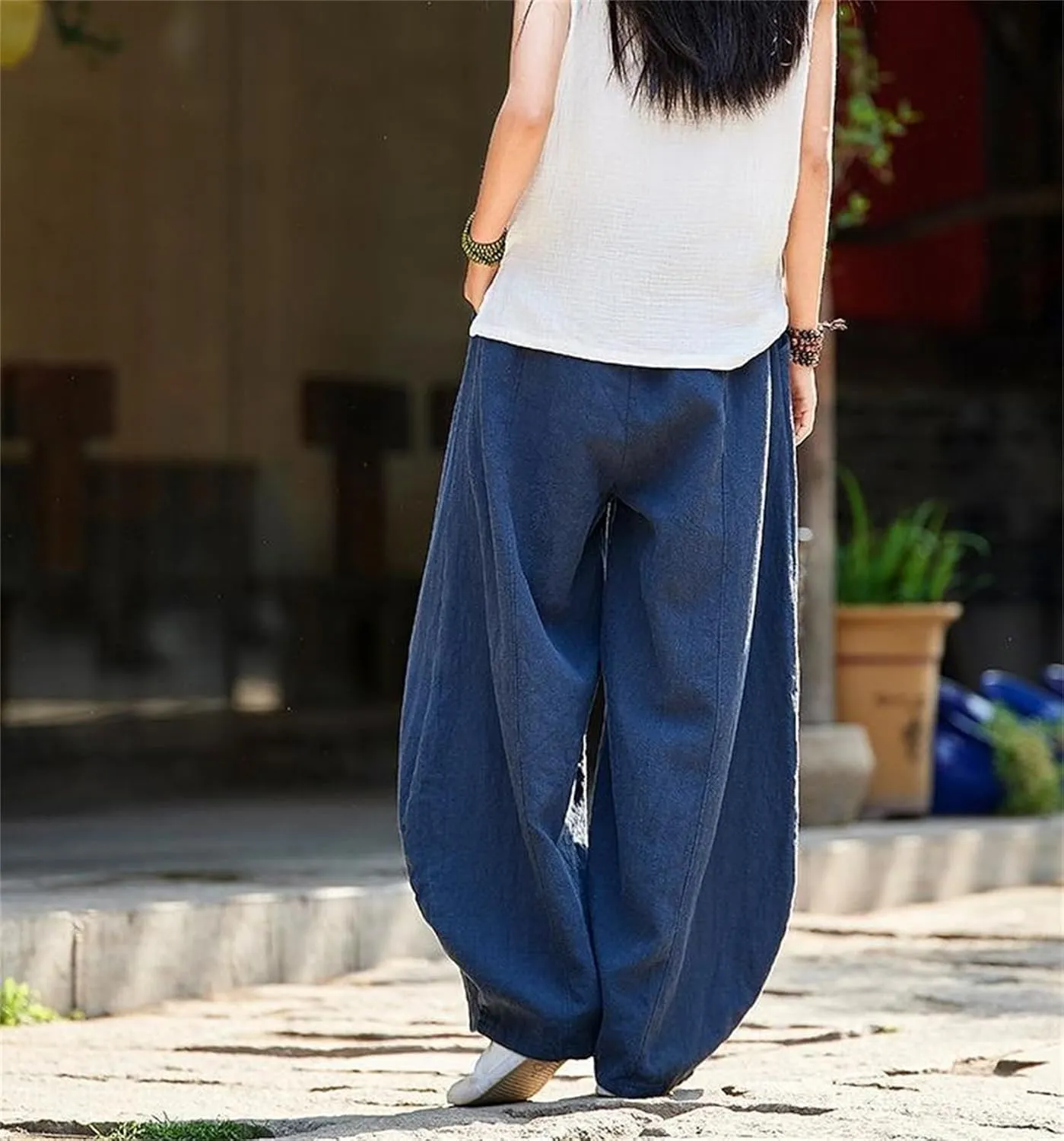 Womens Linen Pants Casual Cotton Baggy Trouser with Elastic Waist Relax Fit Lantern Pant Oversize Lounge Beach Pant