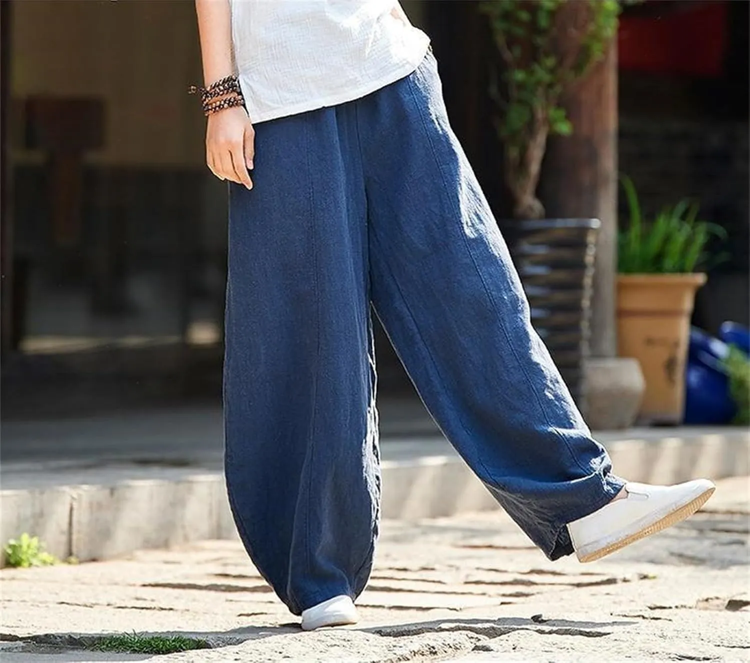 Womens Linen Pants Casual Cotton Baggy Trouser with Elastic Waist Relax Fit Lantern Pant Oversize Lounge Beach Pant