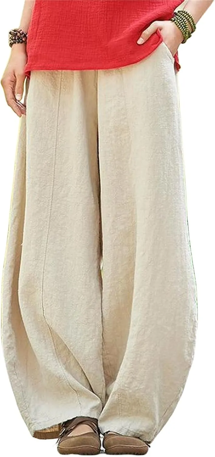 Womens Linen Pants Casual Cotton Baggy Trouser with Elastic Waist Relax Fit Lantern Pant Oversize Lounge Beach Pant
