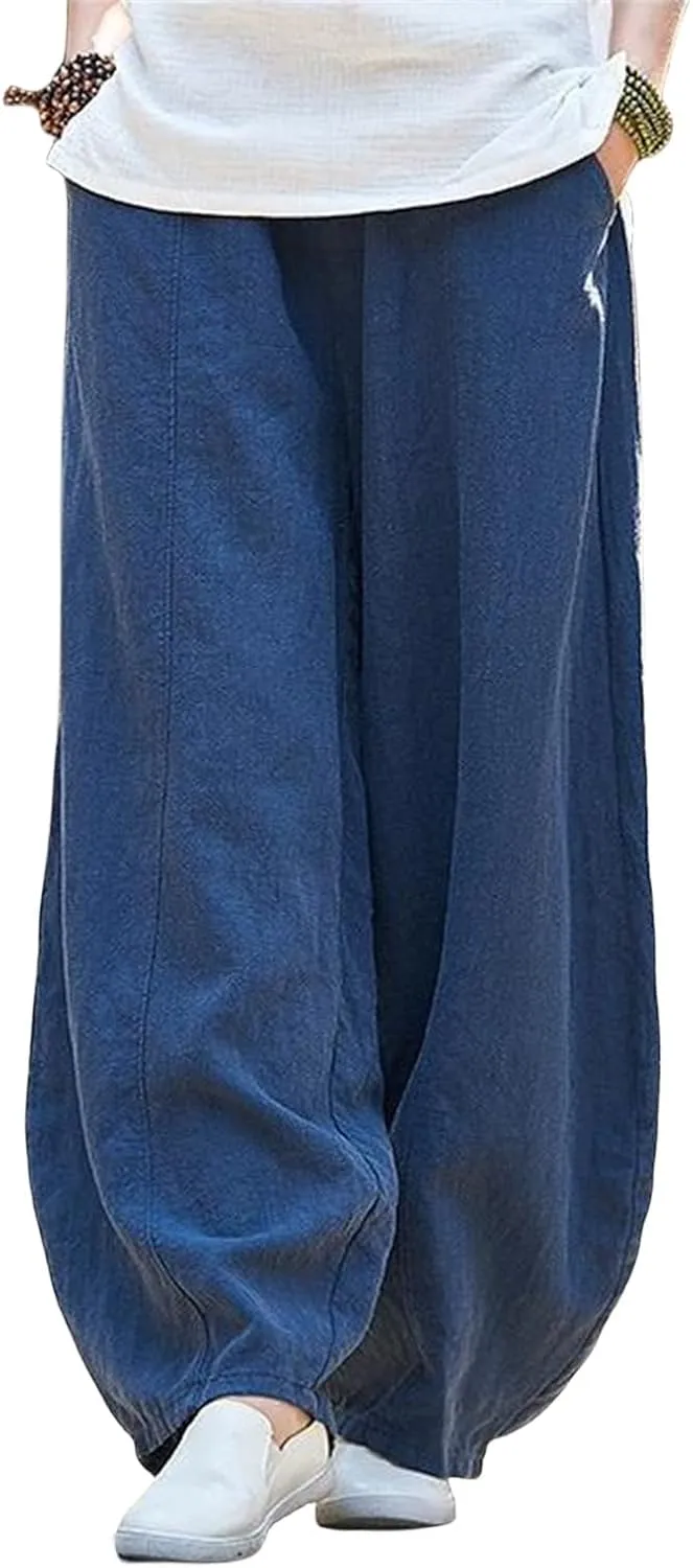 Womens Linen Pants Casual Cotton Baggy Trouser with Elastic Waist Relax Fit Lantern Pant Oversize Lounge Beach Pant