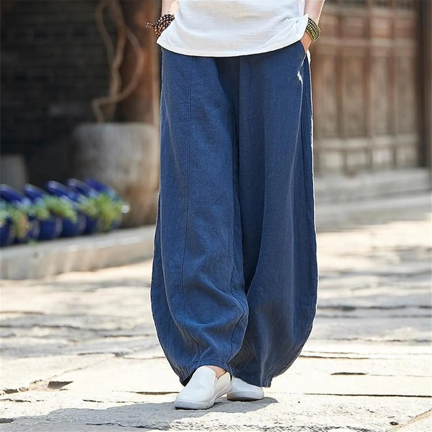 Womens Linen Pants Casual Cotton Baggy Trouser with Elastic Waist Relax Fit Lantern Pant Oversize Lounge Beach Pant