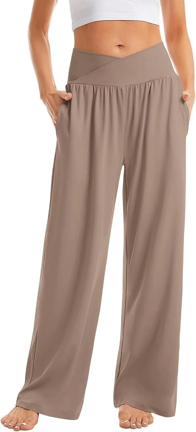 Womens Linen Pants High Waist Wide Leg Trousers Casual Cross Elastic Waistband Summer Beach Pant with Pocket