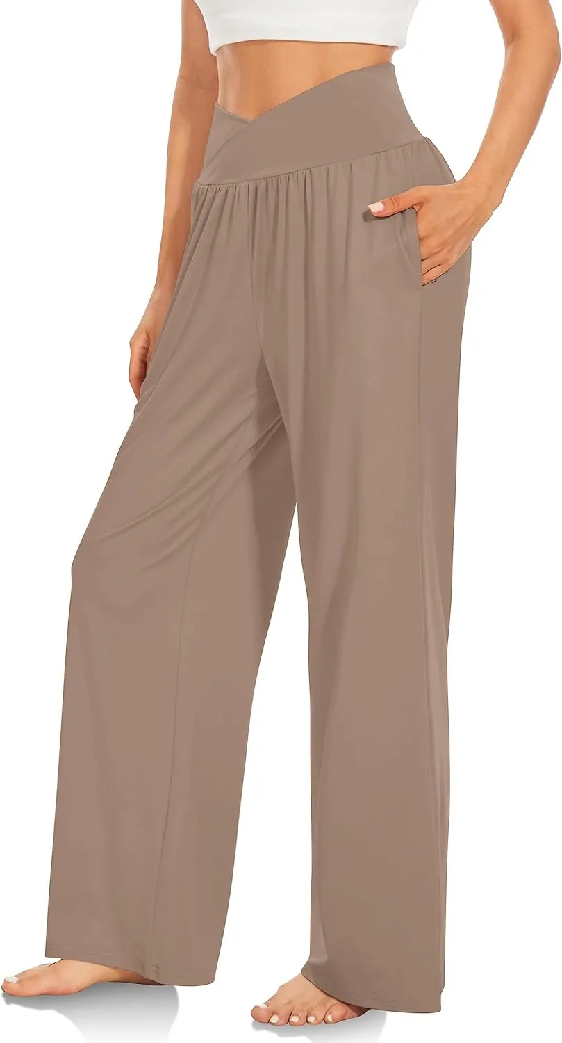Womens Linen Pants High Waist Wide Leg Trousers Casual Cross Elastic Waistband Summer Beach Pant with Pocket