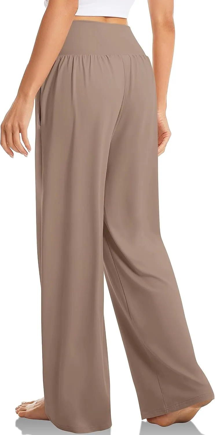 Womens Linen Pants High Waist Wide Leg Trousers Casual Cross Elastic Waistband Summer Beach Pant with Pocket