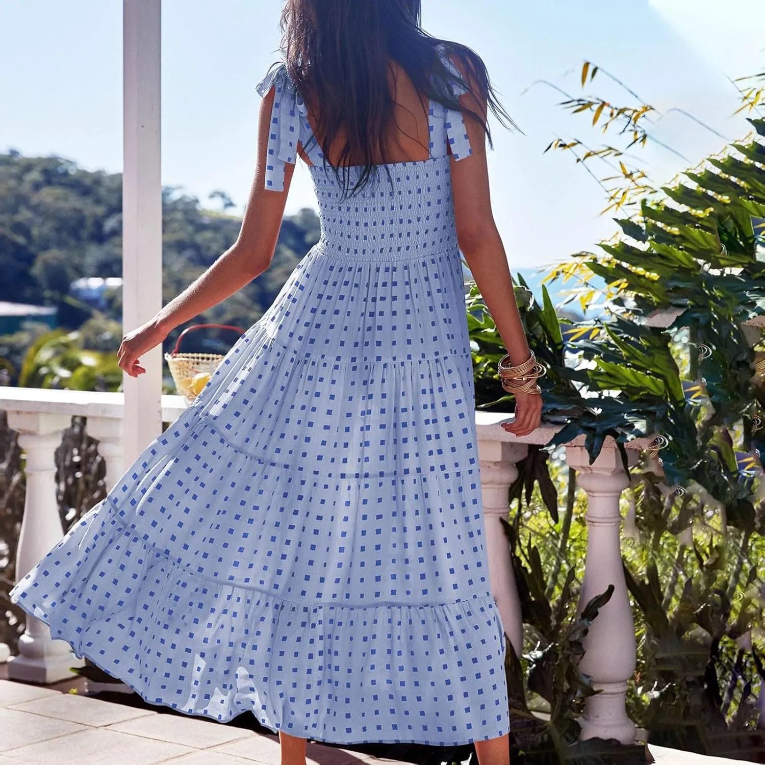 Women's Summer Boho Dresses Spaghetti Strap Square Neck Ruffle Casual Flowy Long Dress Beach Swing Party Maxi Dress