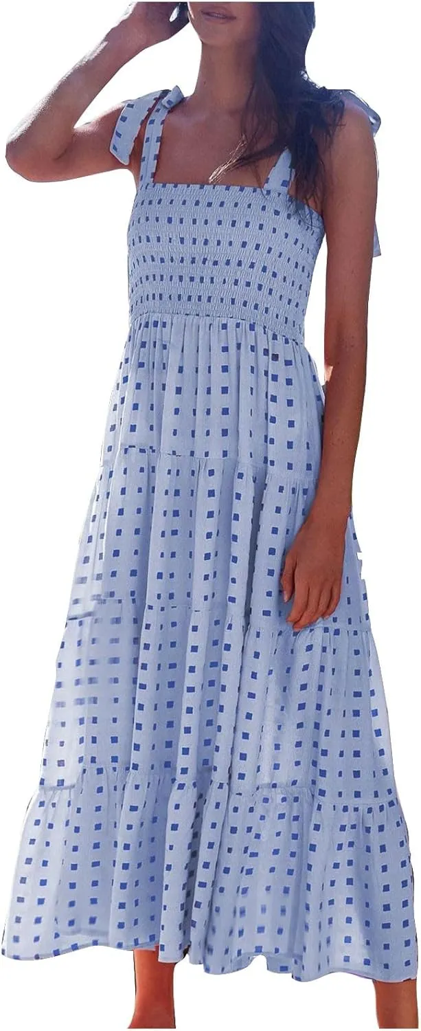 Women's Summer Boho Dresses Spaghetti Strap Square Neck Ruffle Casual Flowy Long Dress Beach Swing Party Maxi Dress
