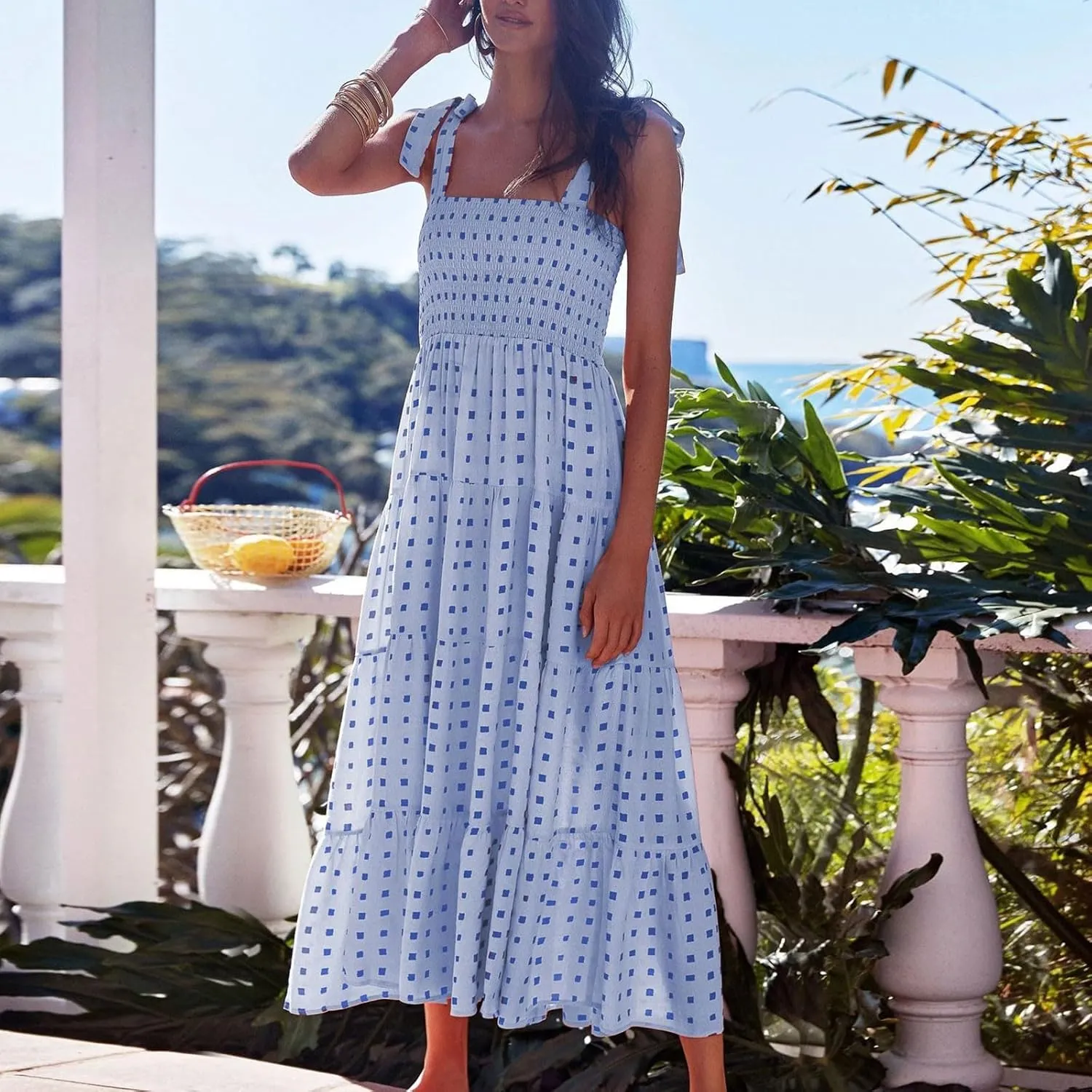 Women's Summer Boho Dresses Spaghetti Strap Square Neck Ruffle Casual Flowy Long Dress Beach Swing Party Maxi Dress