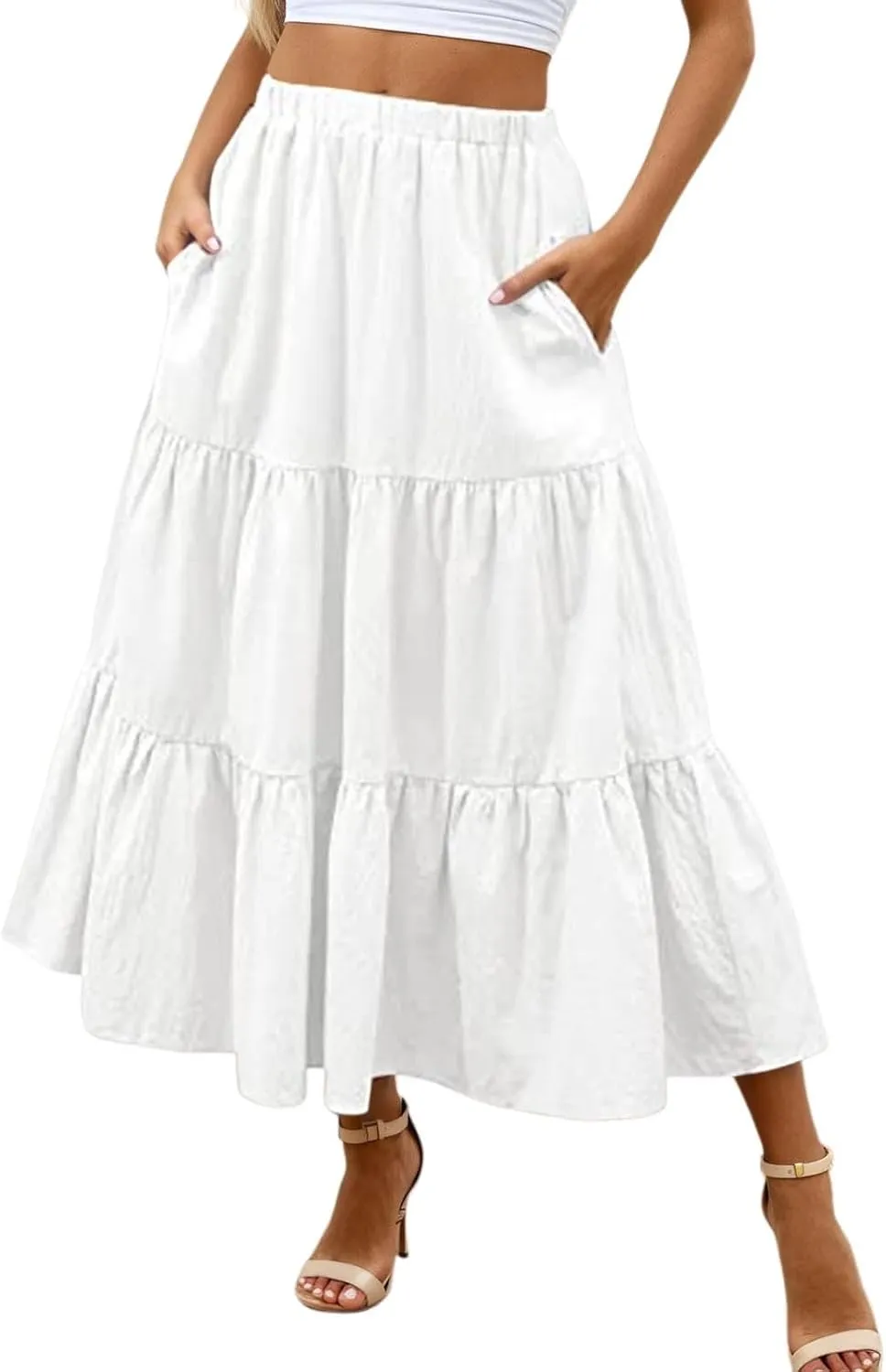 Womens Summer Boho Flowy Swing Tiered A-Line Maxi Skirt 2025 Fashion Trendy Elastic Waist Pleated Long Beach Dress